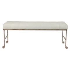 Tufted Linen and Silvered Iron Bench by Horchow