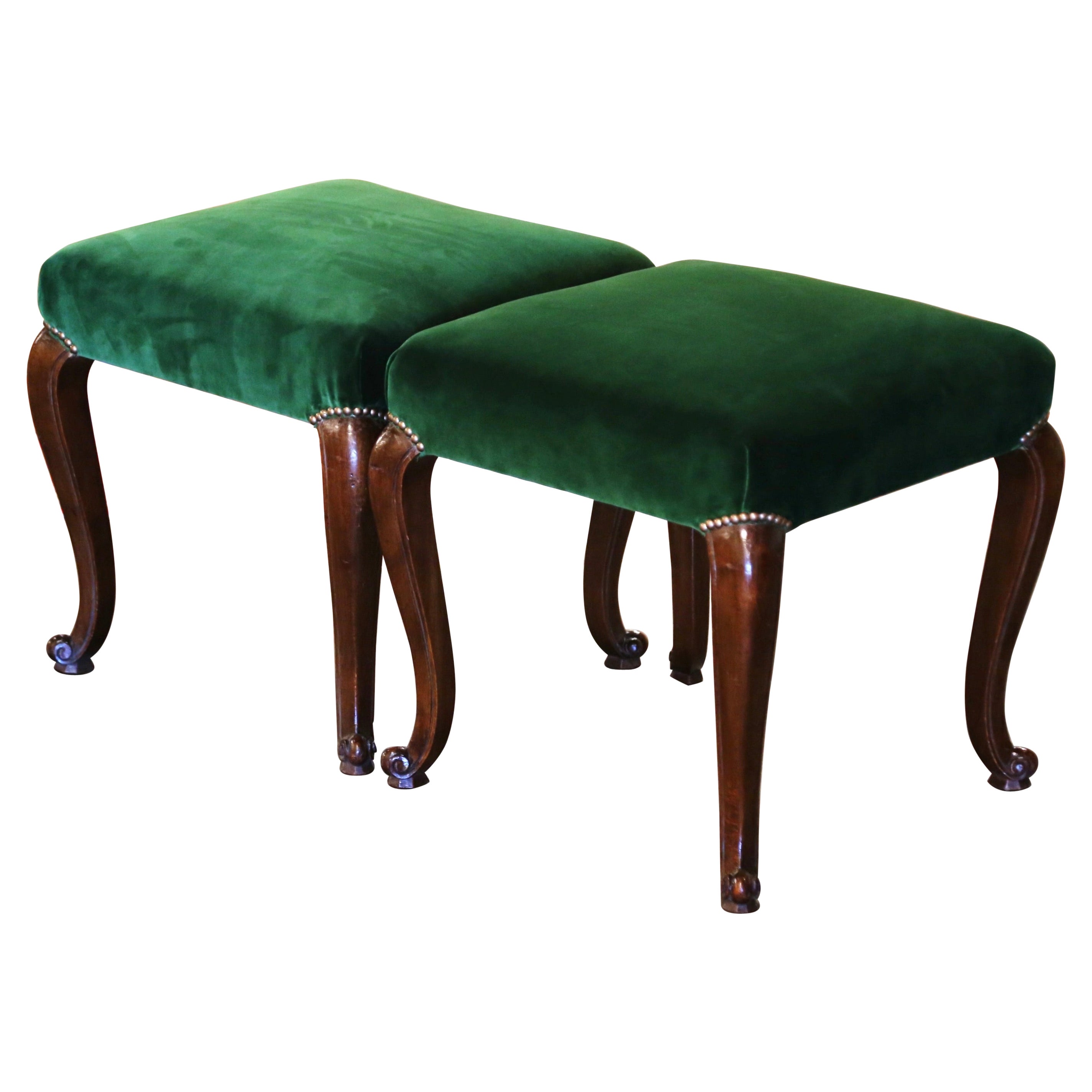 Pair of Mid-Century French Louis XV Carved Walnut and Green Velvet Stools For Sale