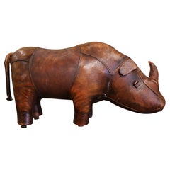 Early 20th Century English Footstool Rhino Sculpture with Original Brown Leather