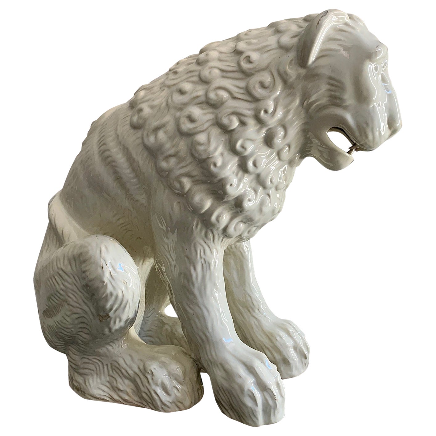 Large Sculpture Whihe Glazed Earthenware Ceramic Lion For Sale