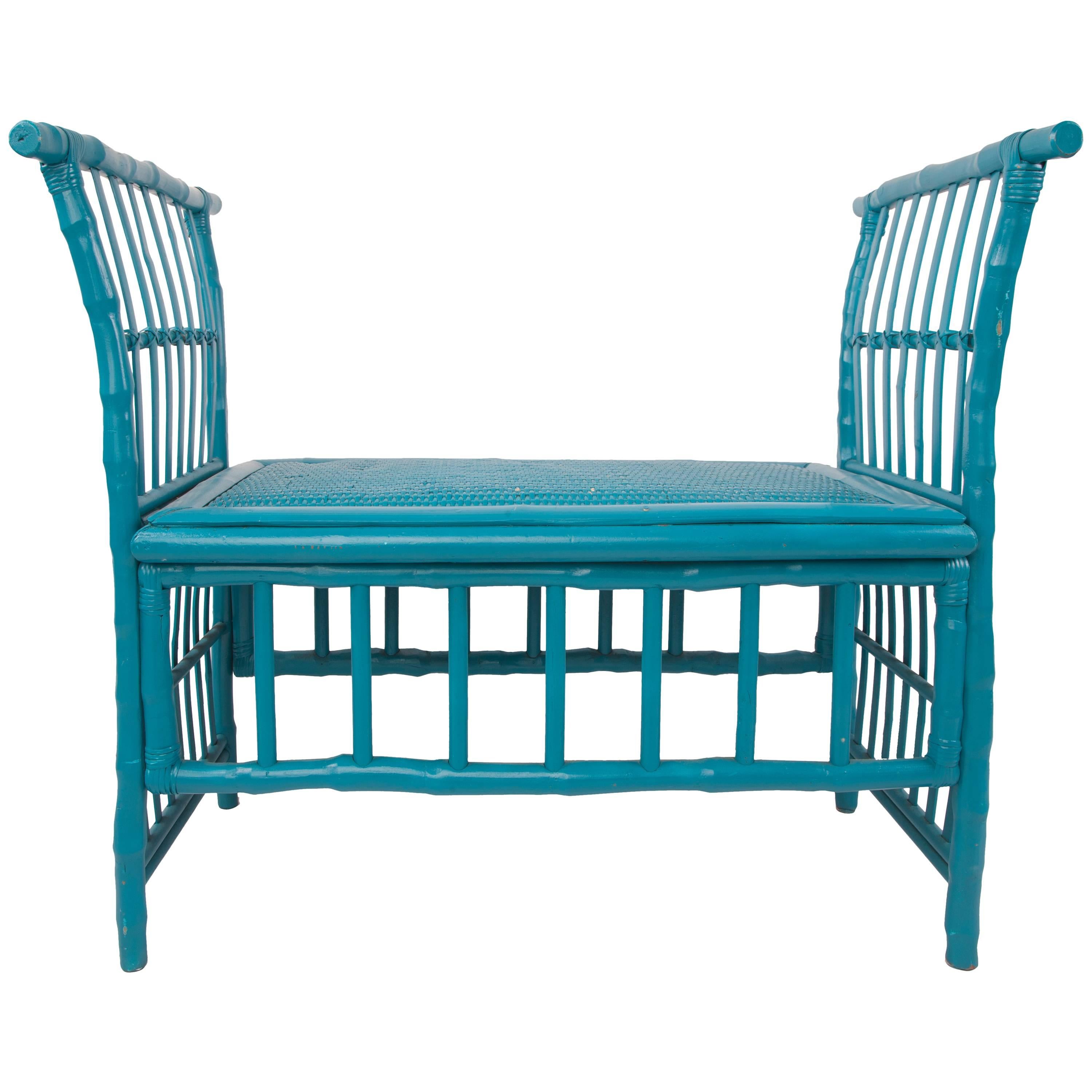 Fabulous Turquoise Rattan Bench For Sale
