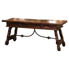 Mid-Century Spanish Carved Walnut Coffee Table with Iron Stretcher and Drawers