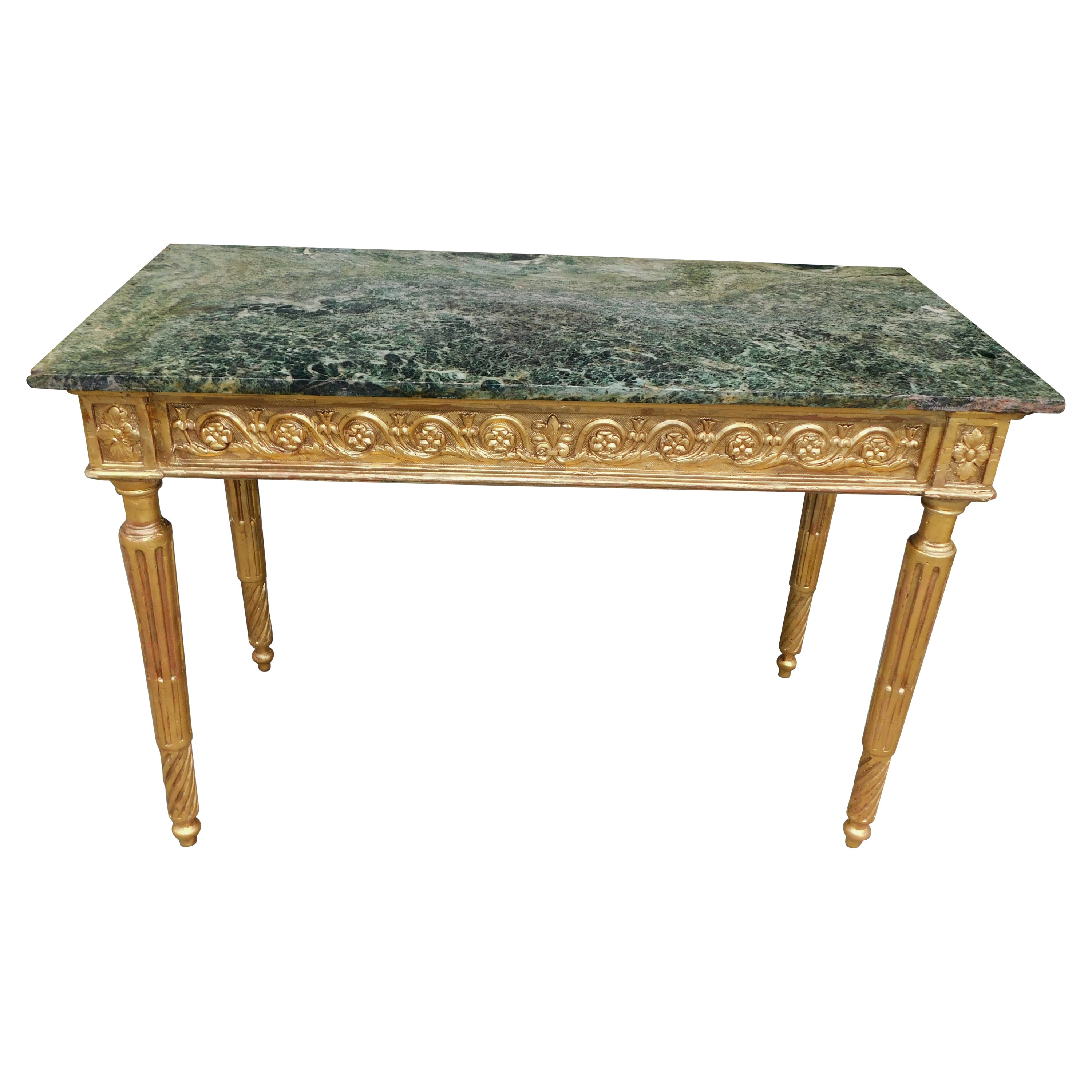 Italian Gilt Wood Marble Top Foliage Console Table with Fluted Legs, Circa 1770 For Sale