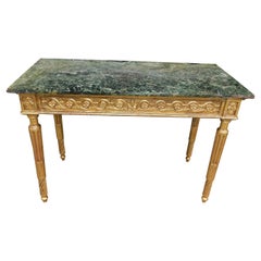 Italian Gilt Wood Marble Top Foliage Console Table with Fluted Legs, Circa 1770
