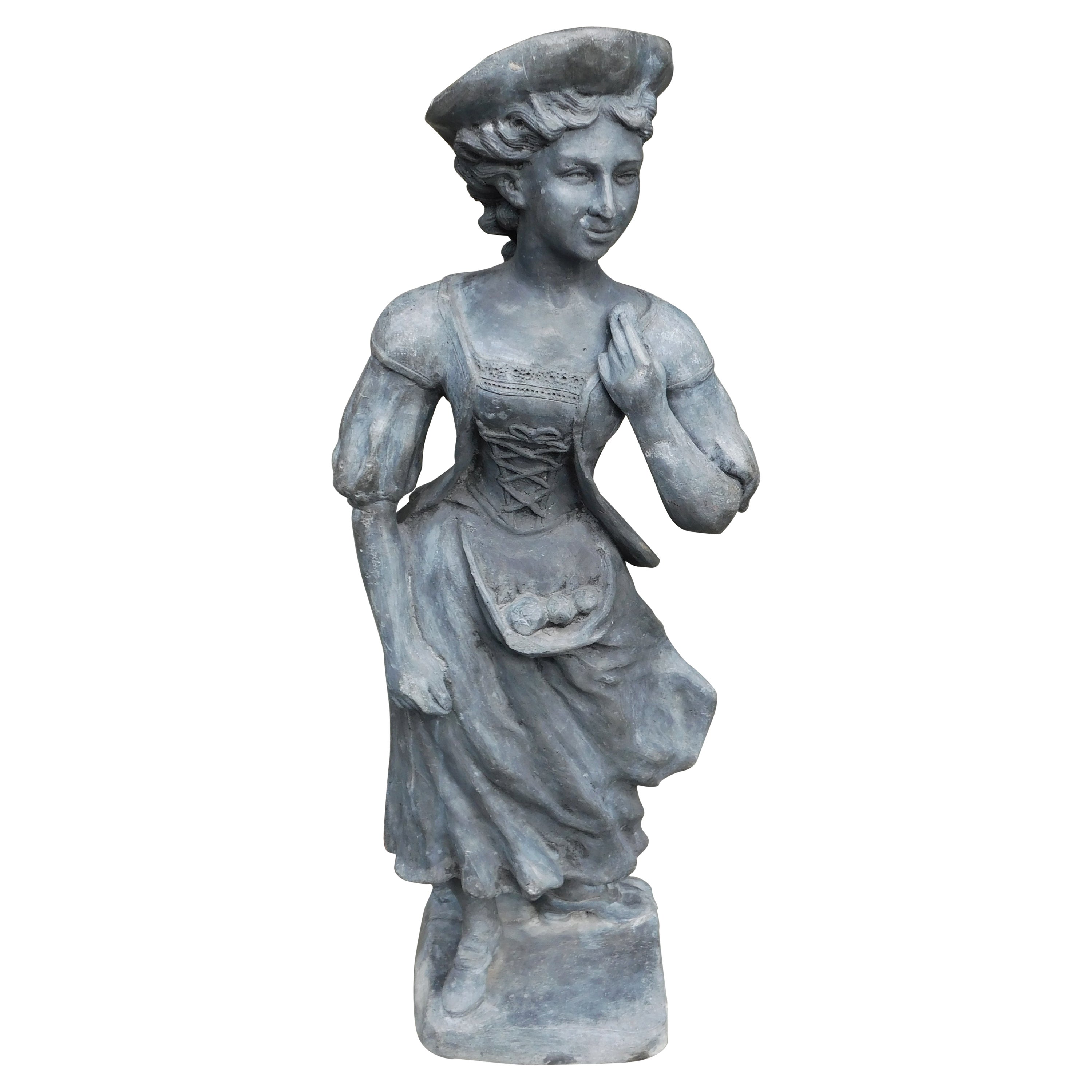 English Lead Figural Lady Garden Statue Standing on Squared Plinth, circa 1850