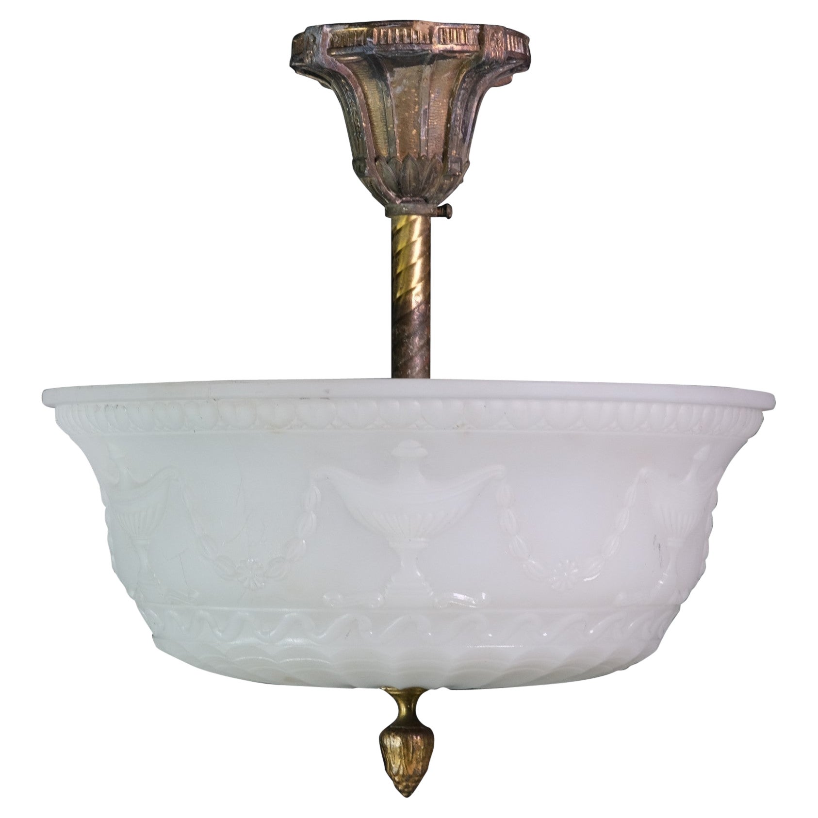 Brass 3 Light Flush Mount Ceiling Fixture with Ornate Detail and Finial