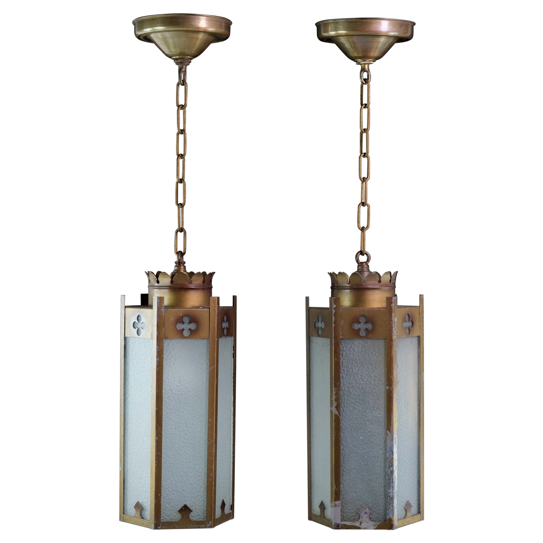 Pair of 1950s Gothic Pendant Lights W/ Hexagon Shape and White Textured Glass For Sale