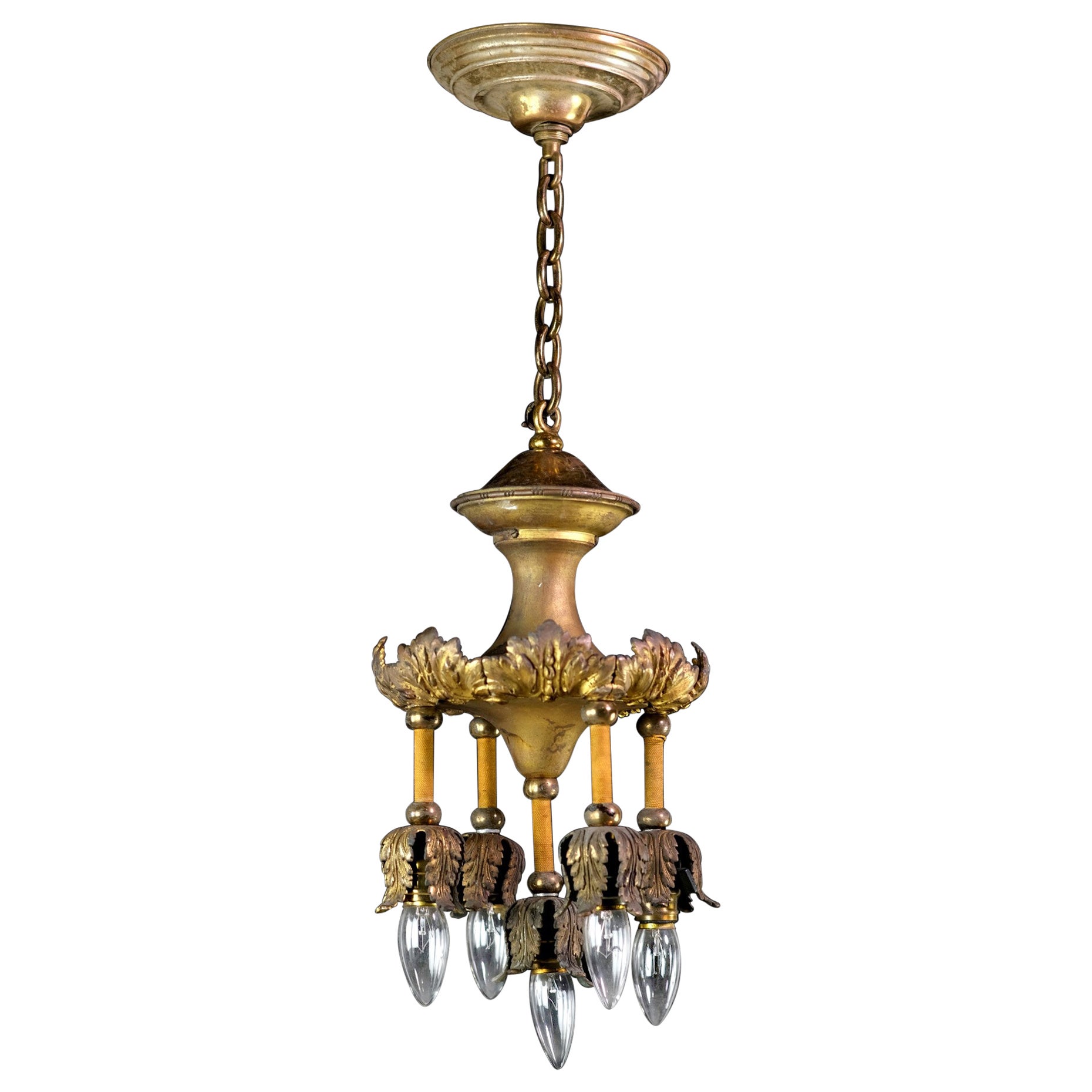 Gilded Bronze 5-Down Light Chandelier w/ Foliage Details Petite Antique