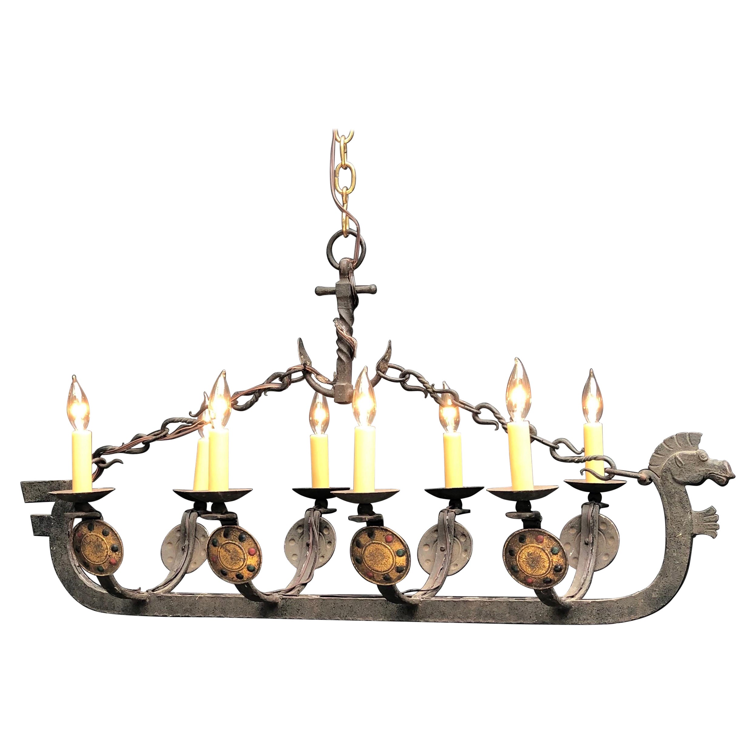 French Wrought Iron Viking Dragon Ship Chandelier For Sale