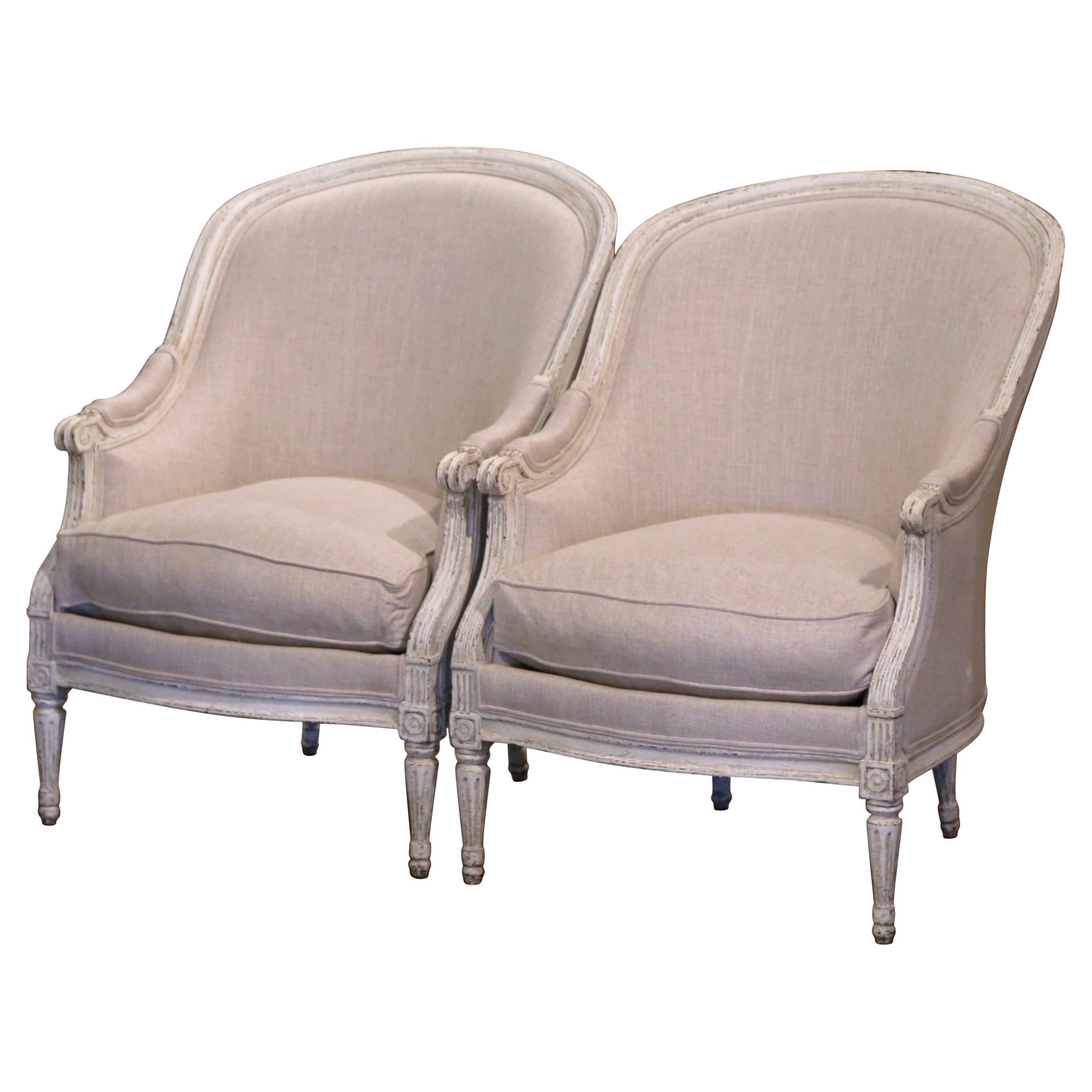 Pair of 19th Century French Louis XVI Carved and Painted Upholstered Armchairs