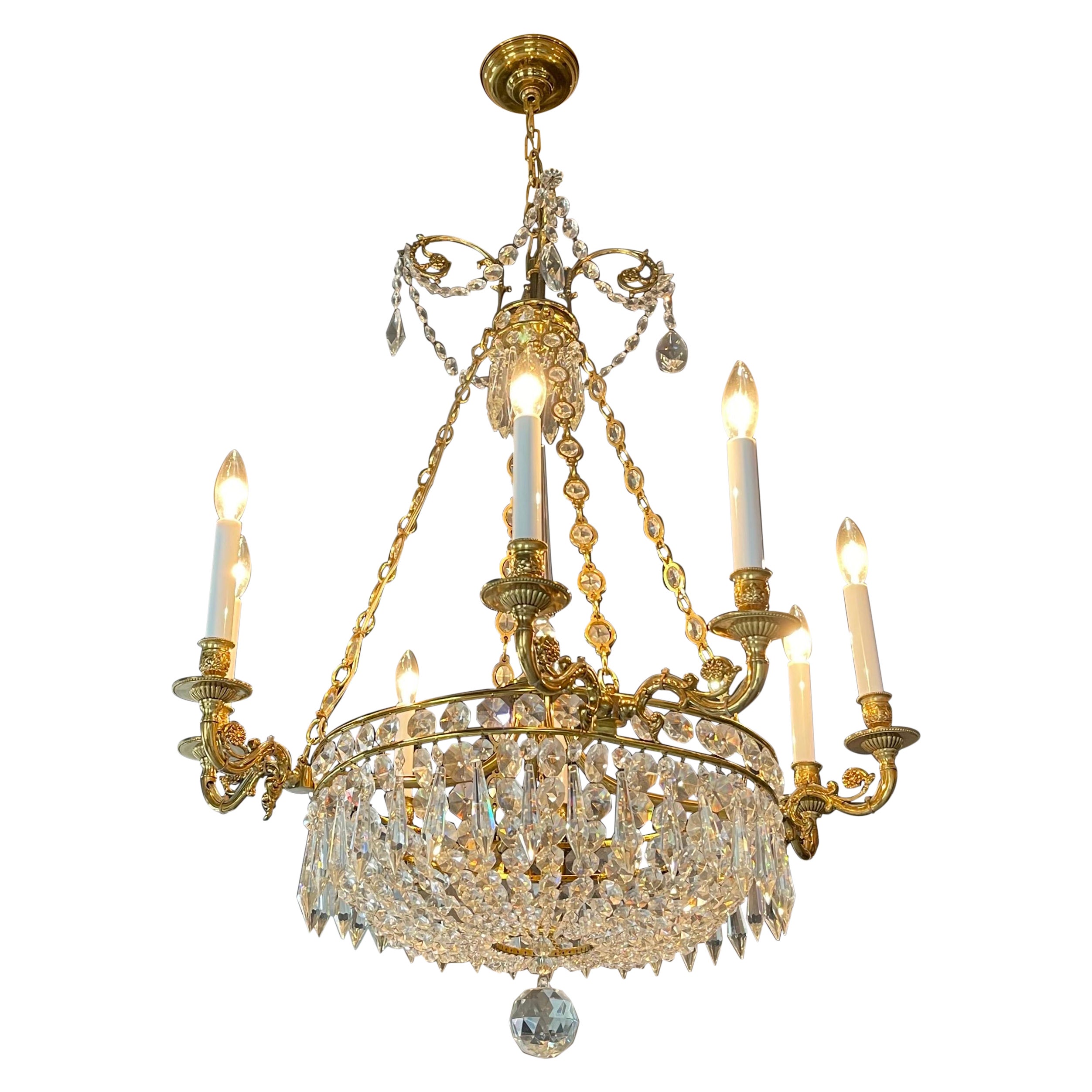 Fine French Empire Neoclassical Regency Dore Bronze Crystal Basket Chandelier