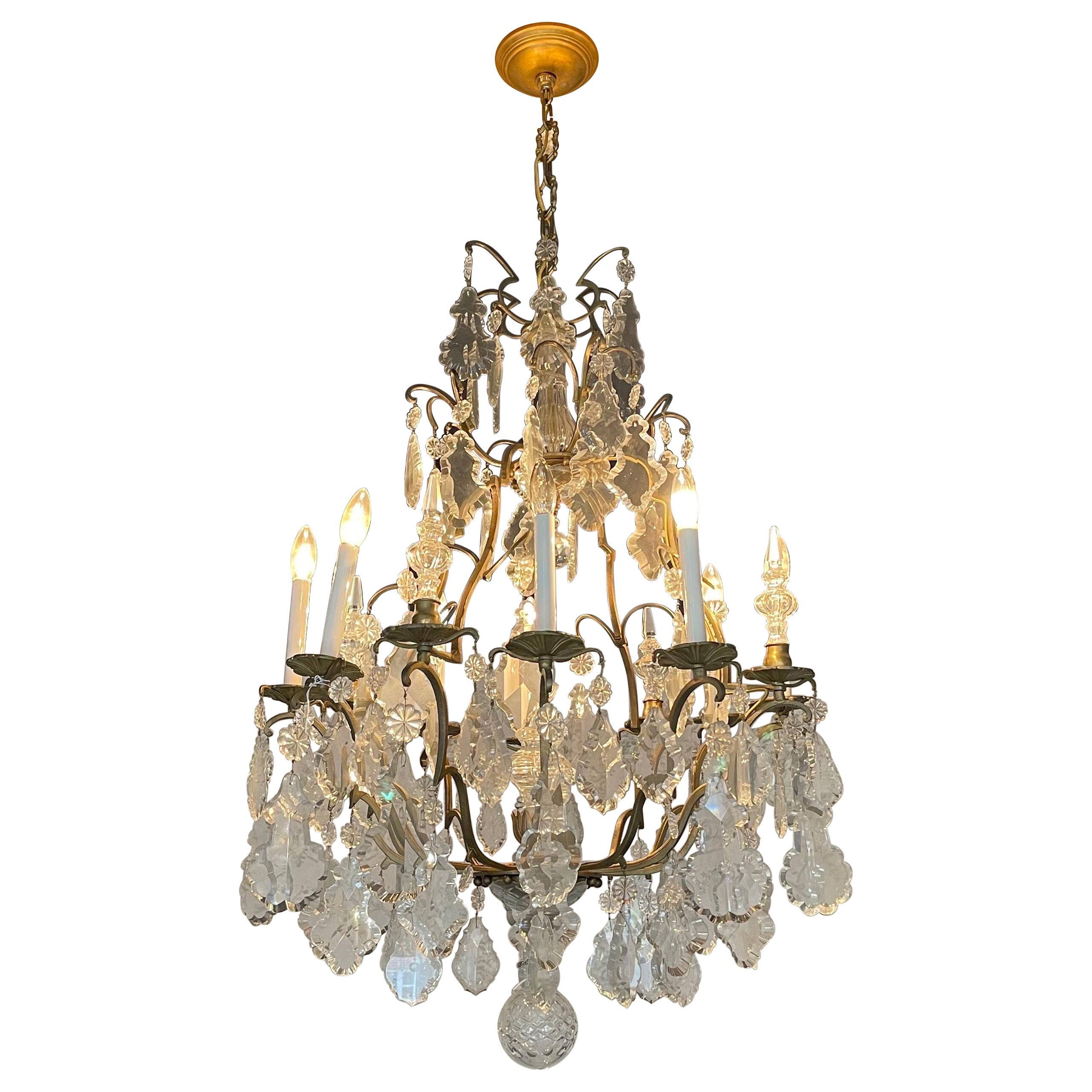 Wonderful Large French Bronze & Crystal Louis XV Bird Cage Spike Chandelier For Sale