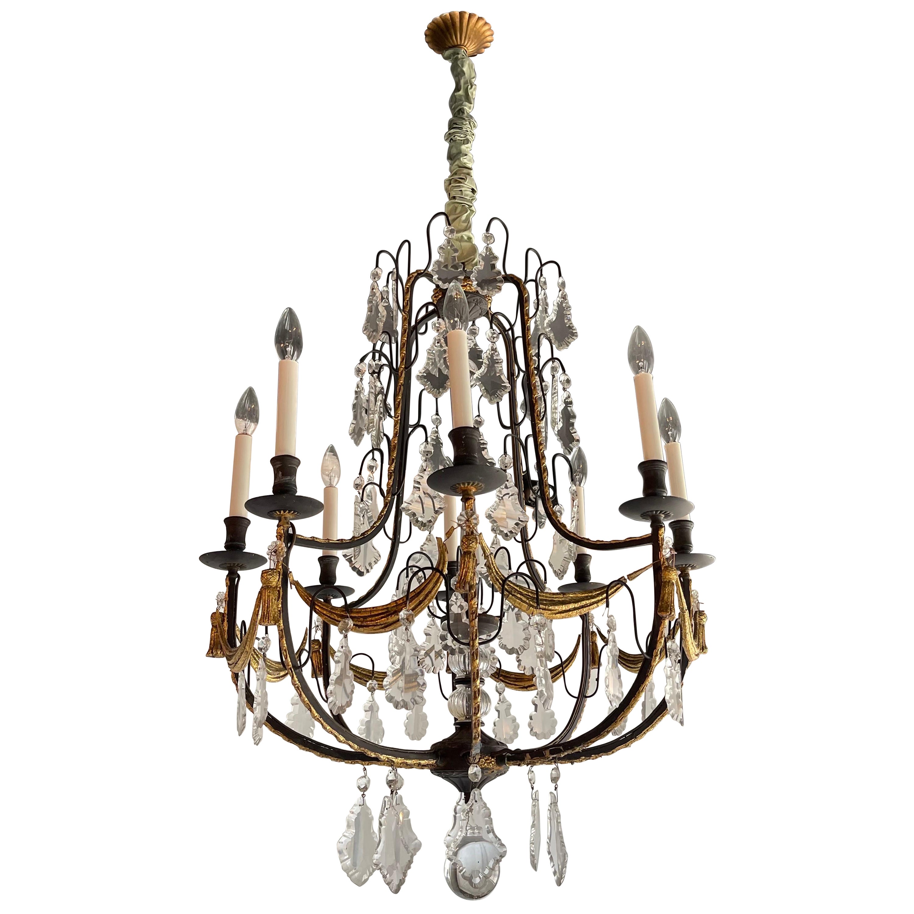 Wonderful French Wrought Iron & Crystal Louis XV Chandelier with Gilt Swags