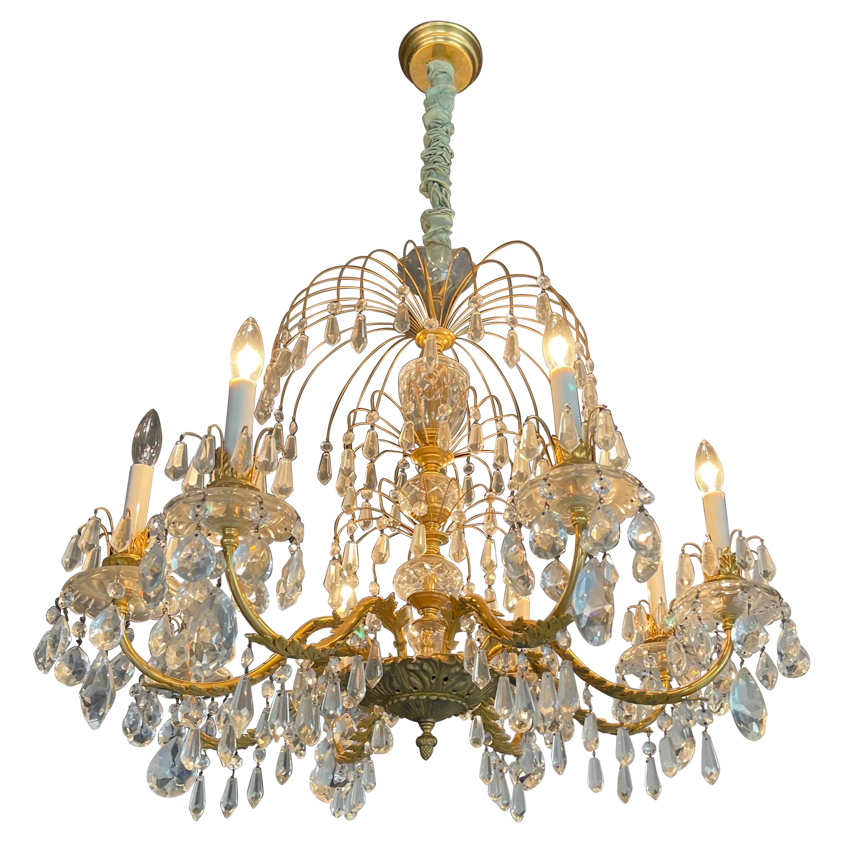 Fine French Empire Neoclassical Regency Dore Bronze Crystal Basket Chandelier For Sale