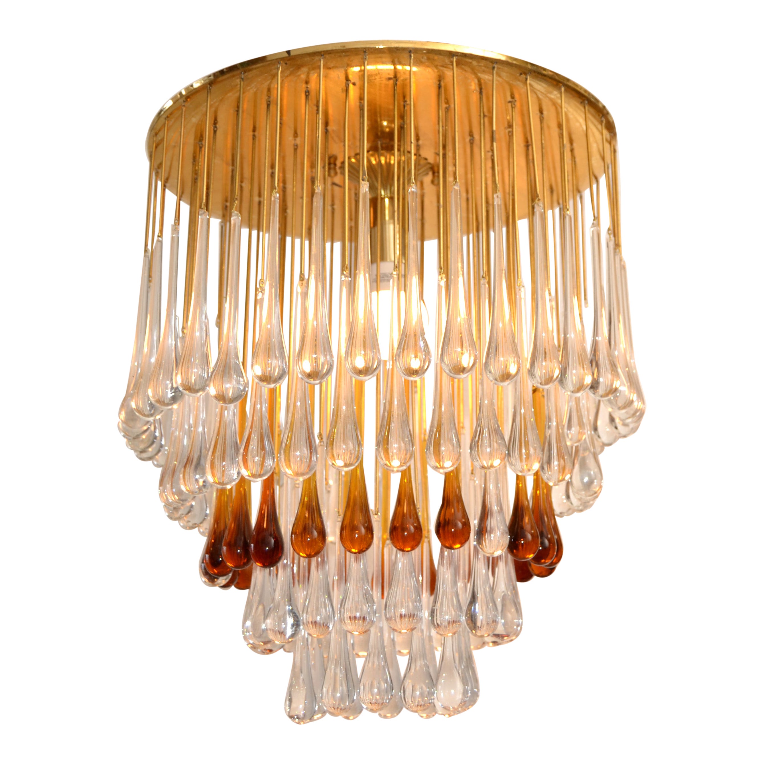 Art Deco French Gold Leaf Crystal Tear Drop Chandelier in Amber and Clear 1940 For Sale