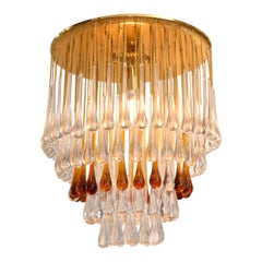 Vintage Art Deco French Gold Leaf Crystal Tear Drop Chandelier in Amber and Clear 1940