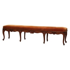 19th Century French Louis XV Carved Walnut and Velvet Upholstery Eight-Leg Bench