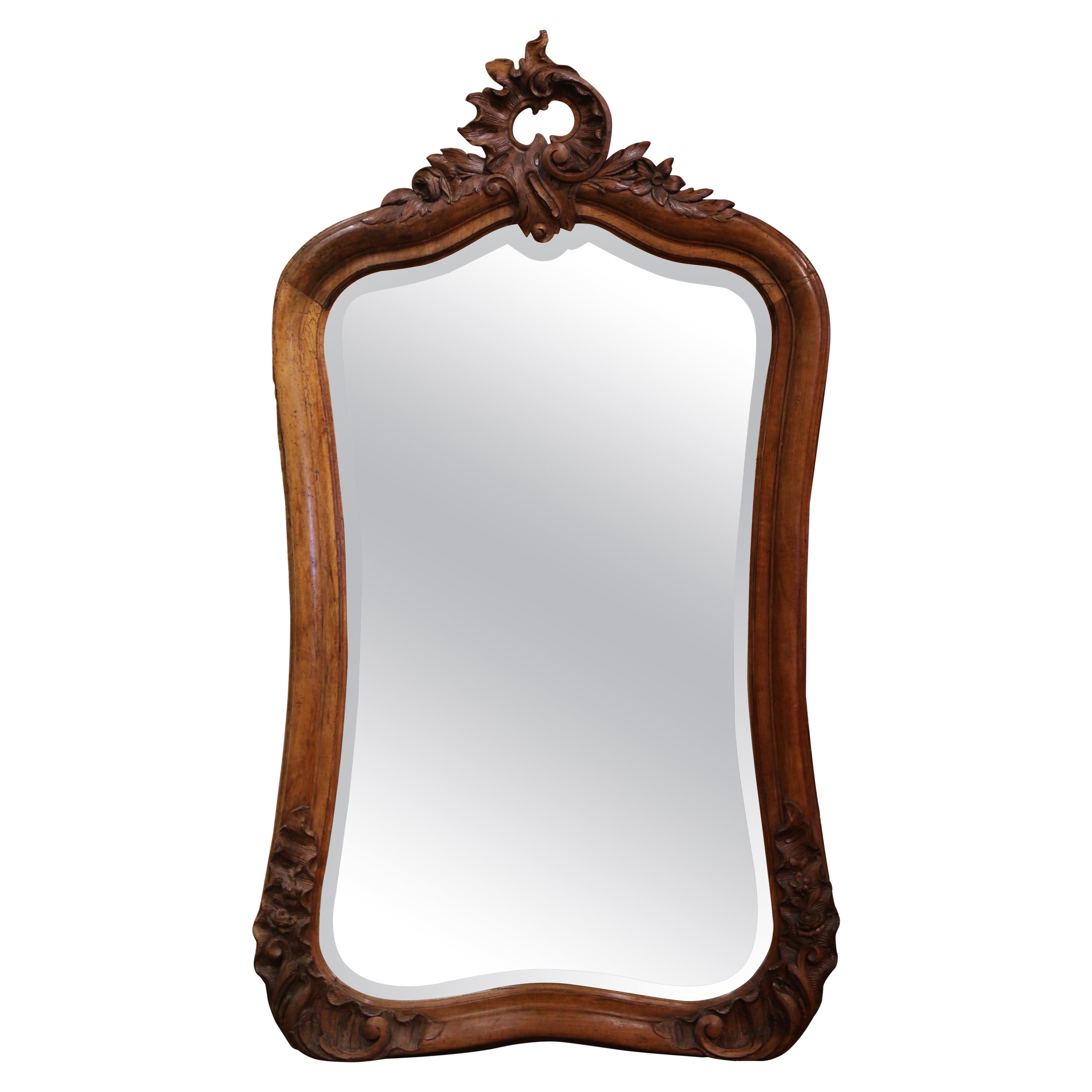 19th Century French Louis XV Carved Walnut Beveled Wall Mirror from Provence For Sale