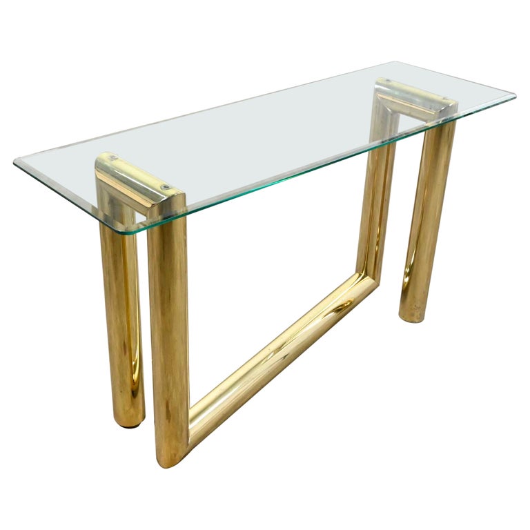 Vintage Modern Brass Plated Console Sofa Table Glass Top Style of Karl Springer For Sale