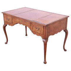 Retro Baker Furniture Queen Anne Burled Walnut Leather Top Desk