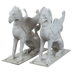 Pair Architectural Figural Painted Cast Metal Winged Griffins, 20th C