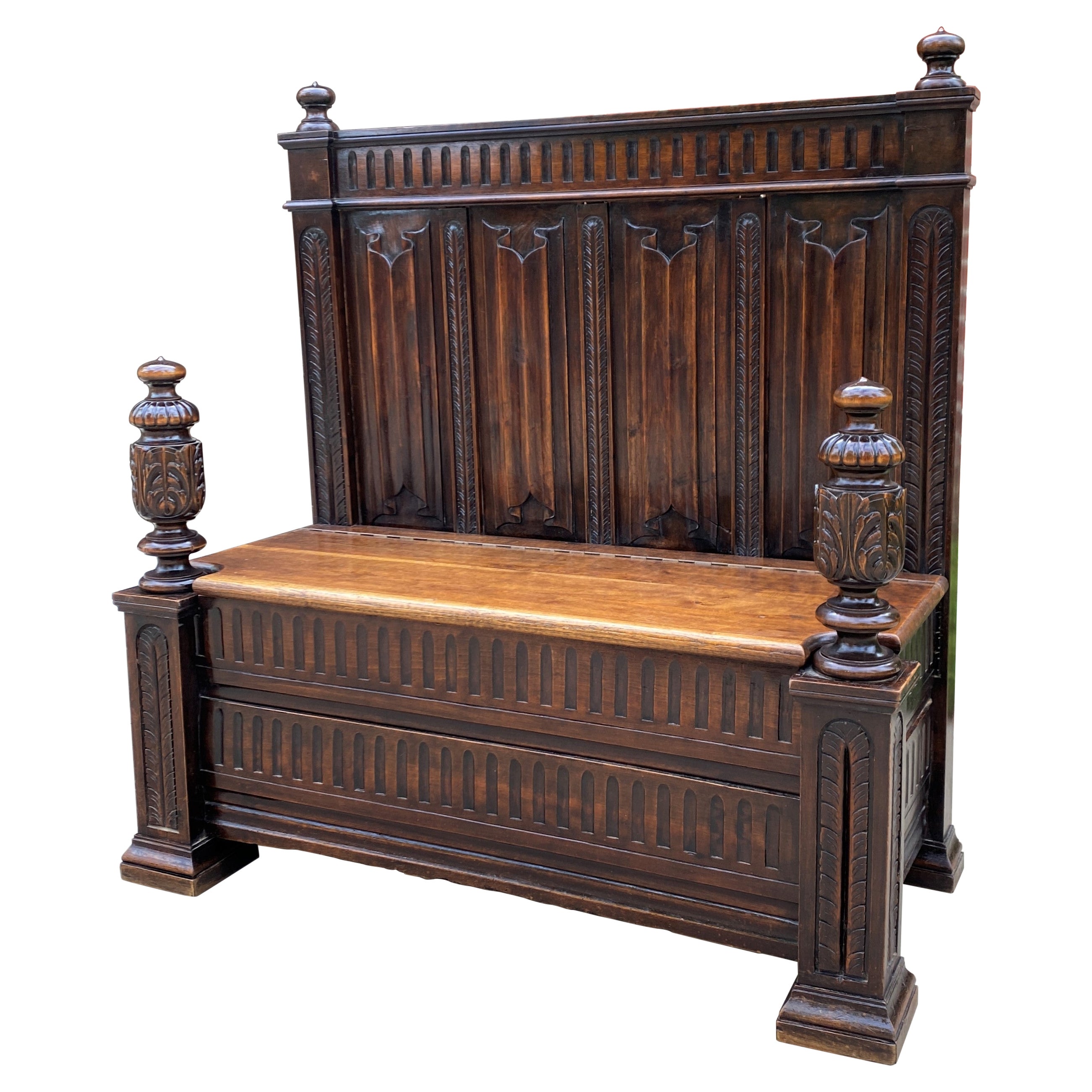 Antique French Bench Settee Gothic Revival Oak Lift Top Seat Storage Trunk 19C For Sale
