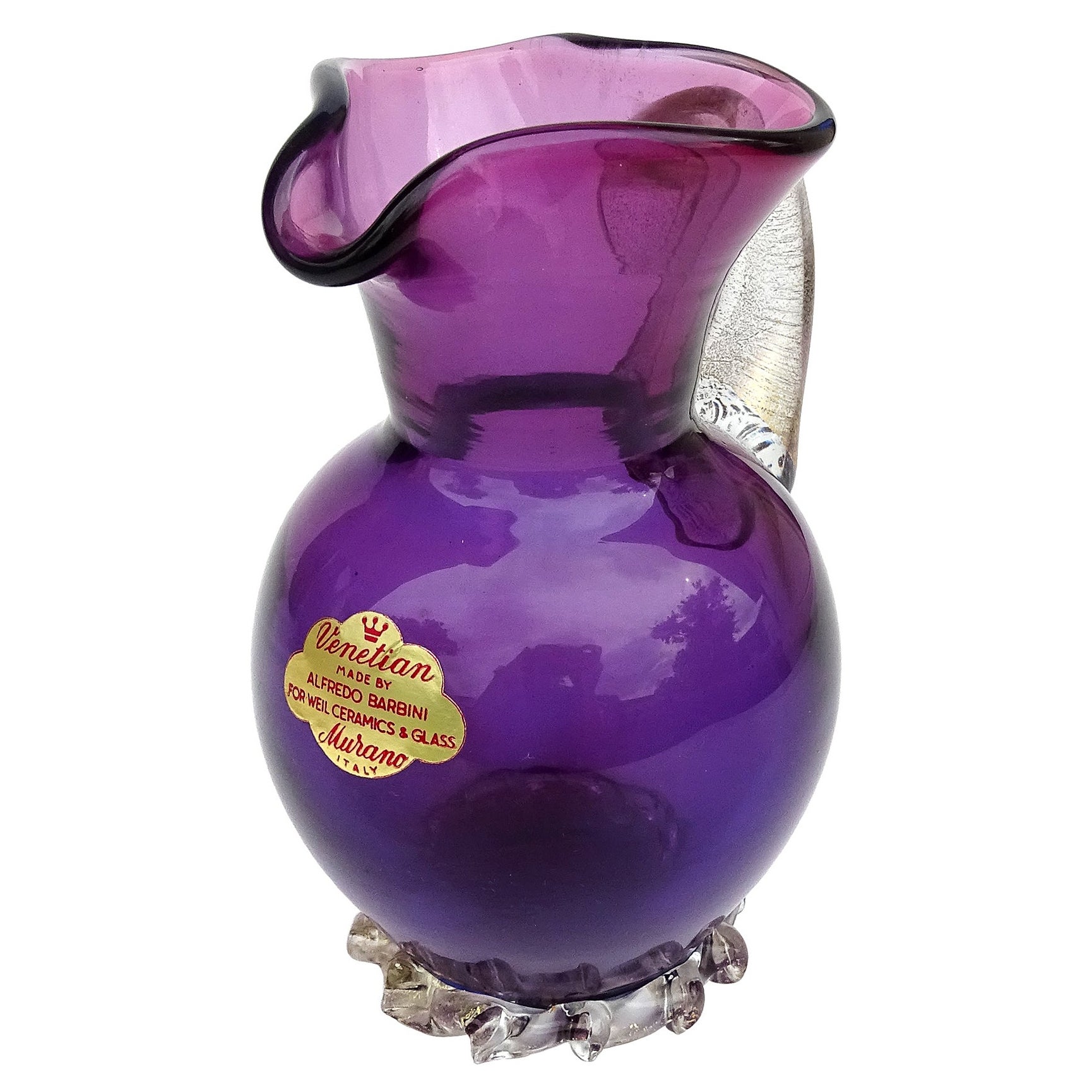 Barbini Murano Purple Amethyst Gold Flecks Handle Italian Art Glass Pitcher Vase