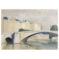 Geneviève Zondervan huile française, paysage de rivière parisienne et pont