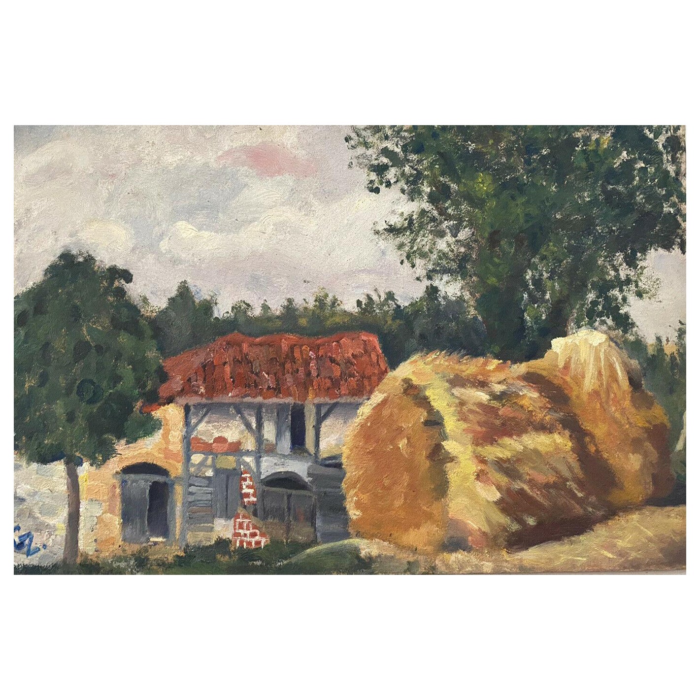Peinture à l'huile française de Geneviève Zondervan, champs de récolte, granges de ferme