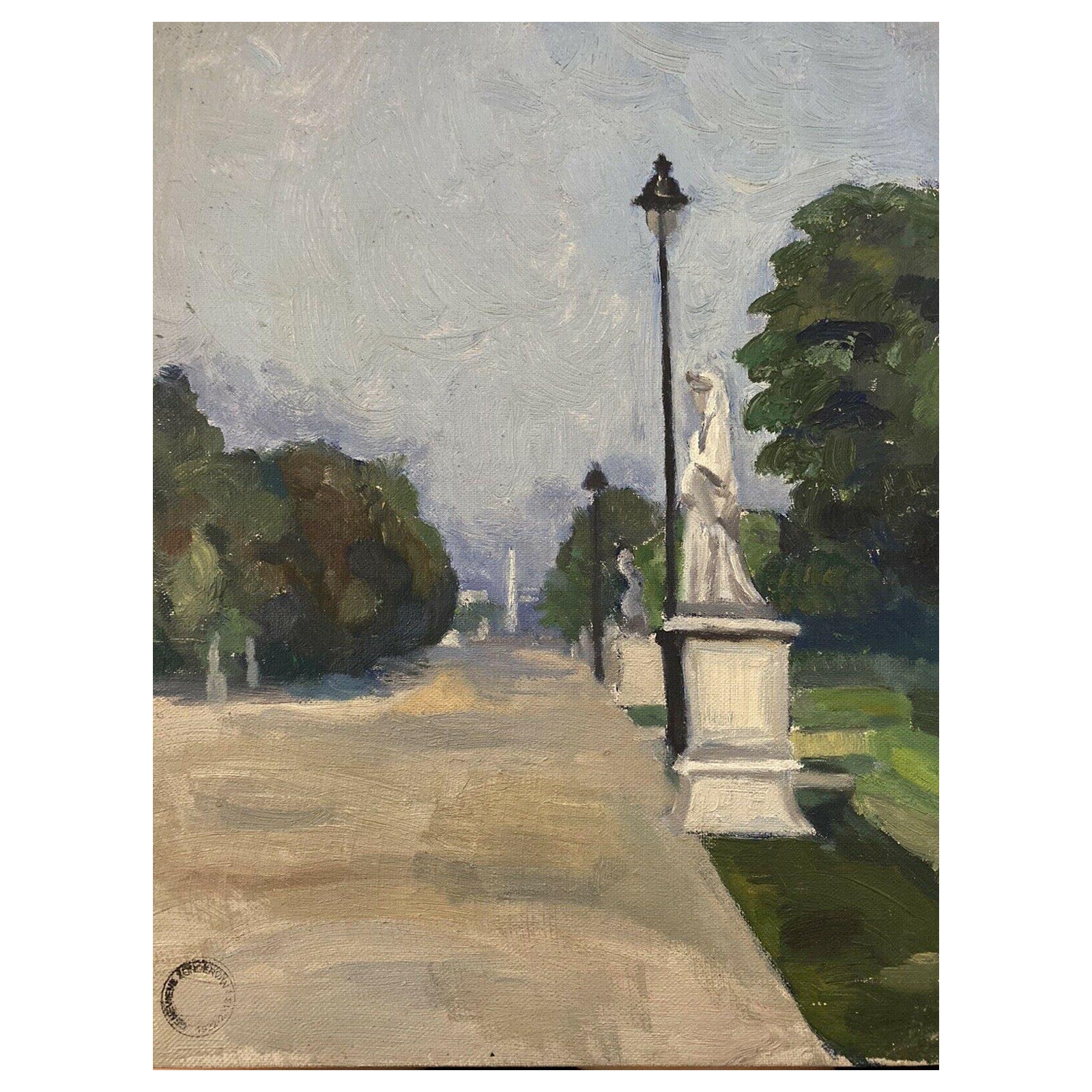 Genevieve Zondervan, French Oil Painting, Paris Park Scene Statues For Sale