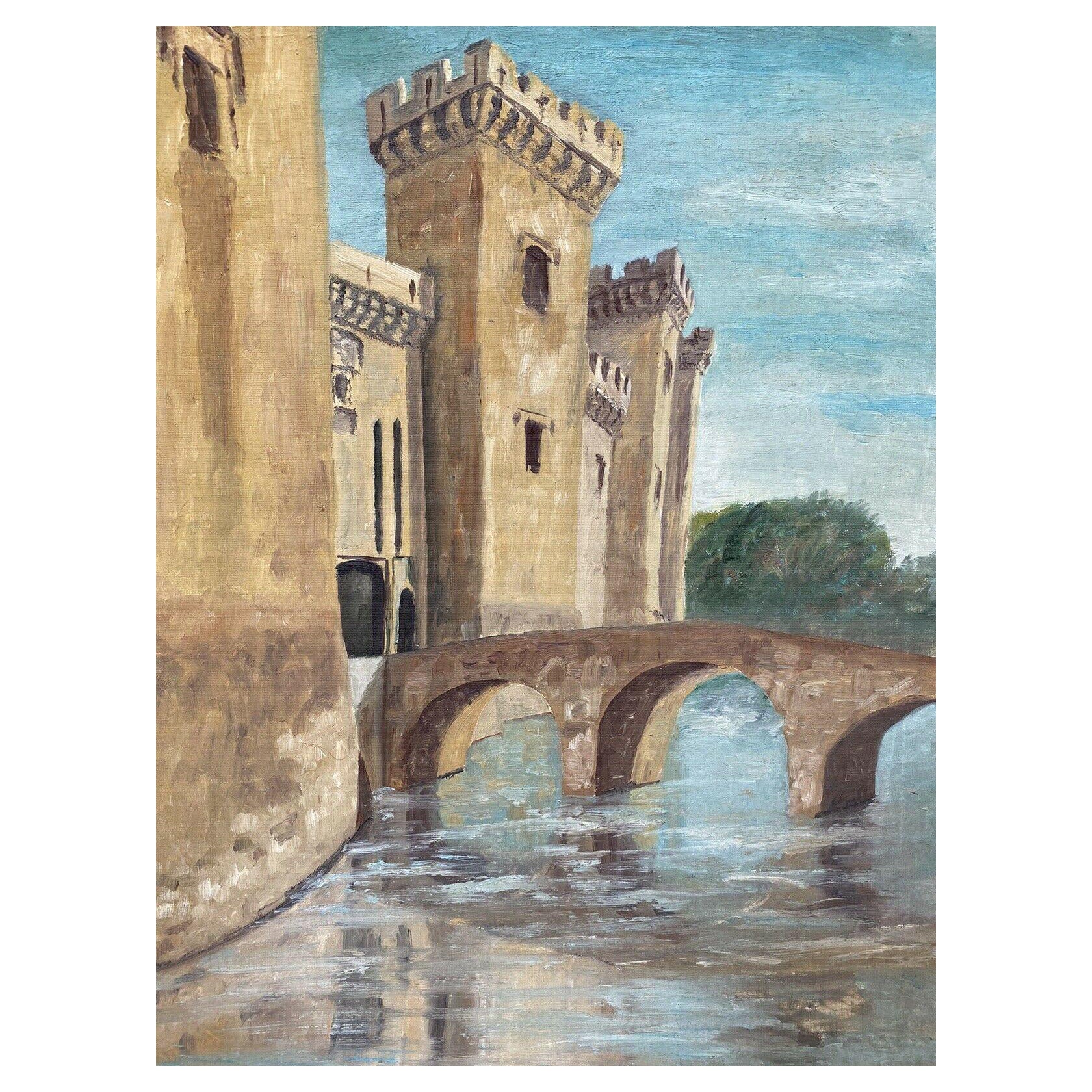 Fernand Audet French Impressionist Oil, City Fortress by Old River For Sale