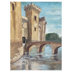 Huile impressionniste française Fernand Audet, Forteresse de ville par la vieille rivière