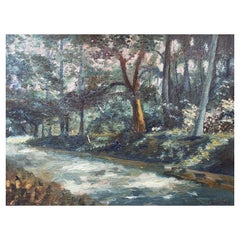 Vintage Fernand Audet French Impressionist Oil, Dappled Light Woodland Path