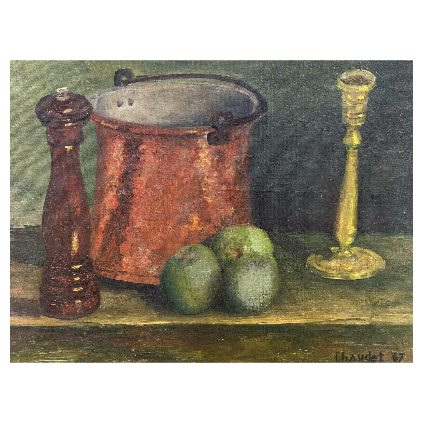 Fernand Audet (1923-2016), huile impressionniste française, nature morte pommes / cuisine