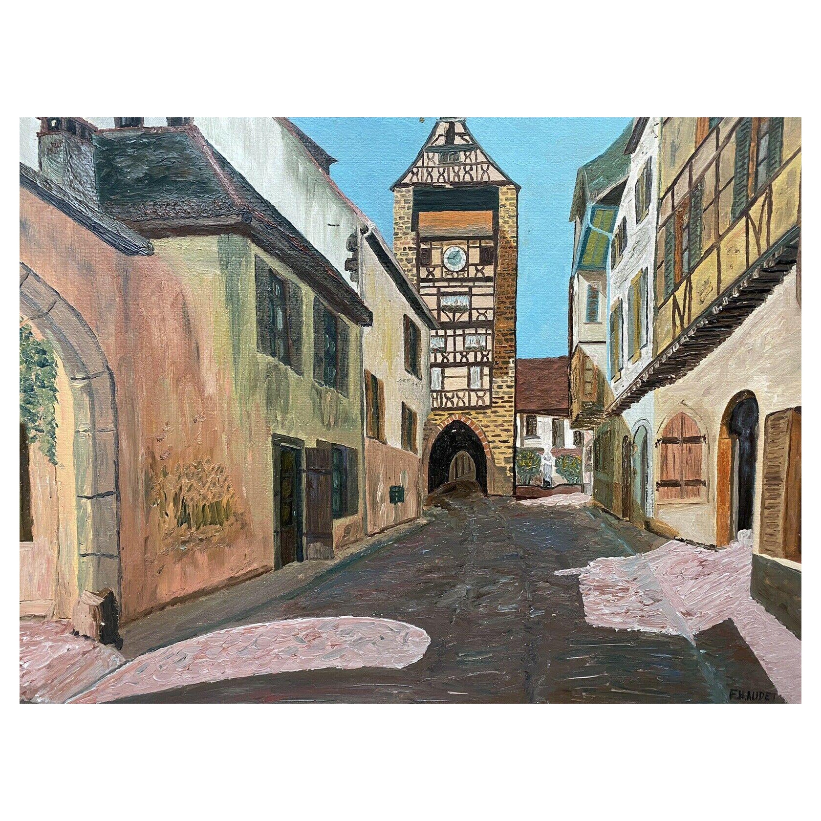 Huile impressionniste française de Fernand Audet, Vieux bâtiments de villes françaises en vente