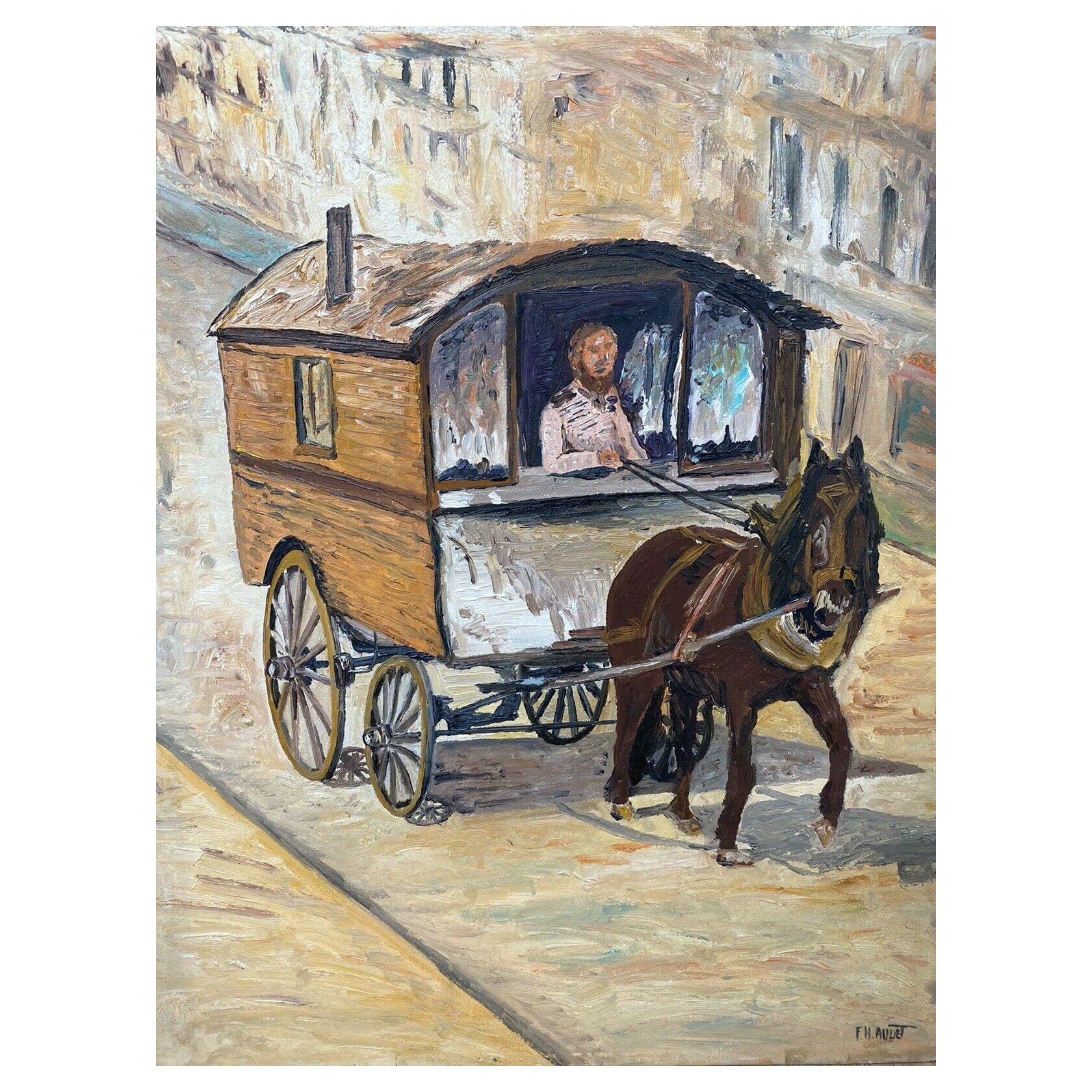 Fernand Audet Französischer Impressionist Öl, Pferd im Schlepptau eines Wohnwagens im Angebot