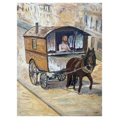 Huile impressionniste française Fernand Audet, cheval tournant dans une caravane