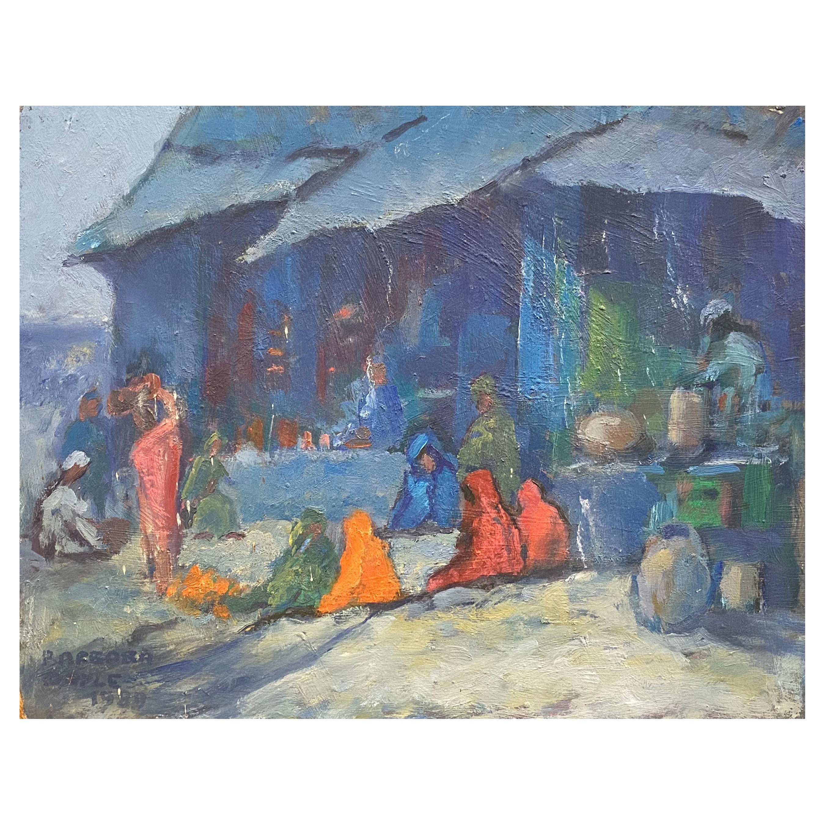 1970's Impressionist Oil Painting, Mount Abu Market Busy Figurative Scene For Sale