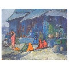 Used 1970's Impressionist Oil Painting, Mount Abu Market Busy Figurative Scene