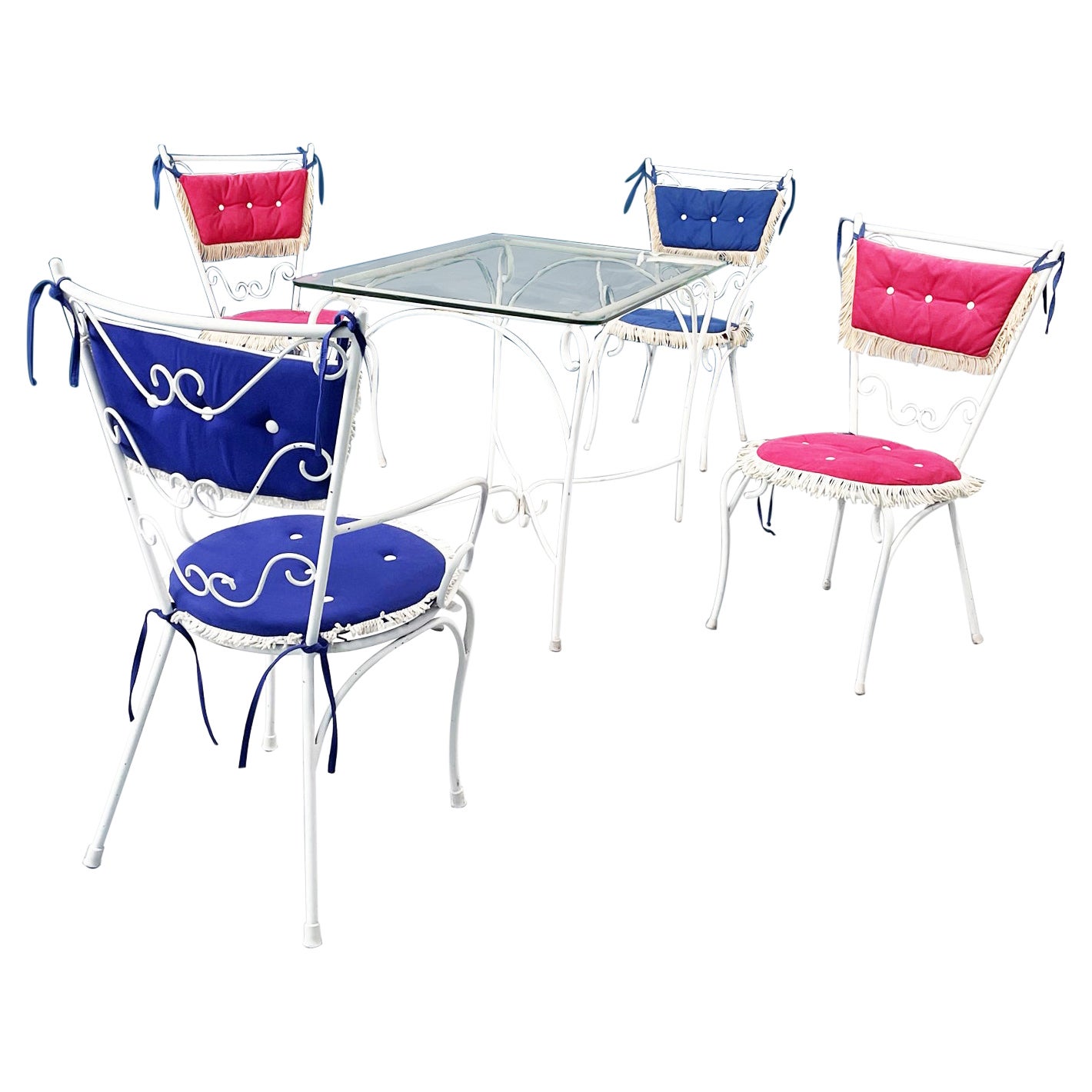 Italian Mid-Century Garden Chairs Table in White Wrought Iron Glass Fabric, 1960 For Sale