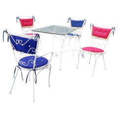 Italian Mid-Century Garden Chairs Table in White Wrought Iron Glass Fabric, 1960