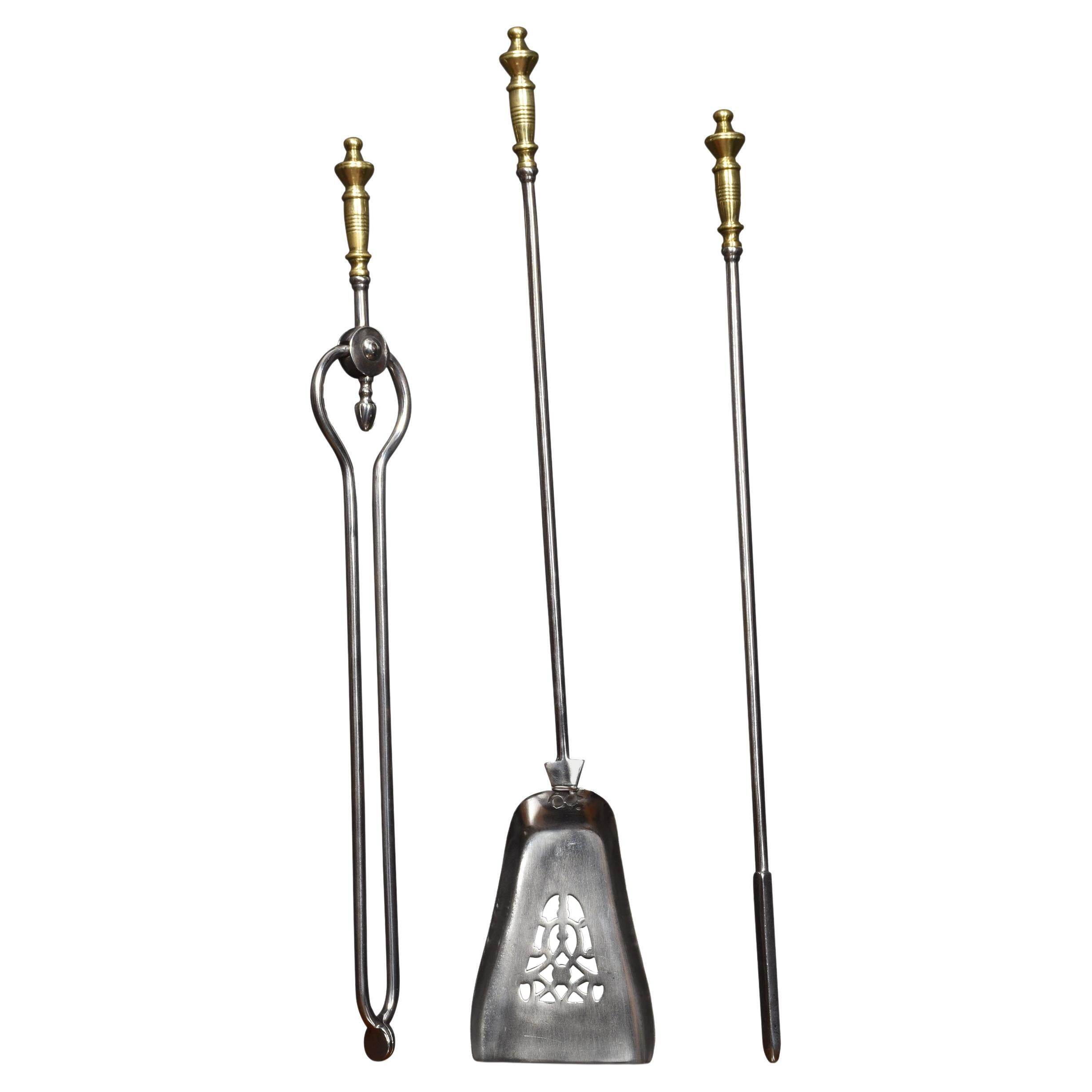 Polished Steel and Brass Triple Companion Fire Tools For Sale