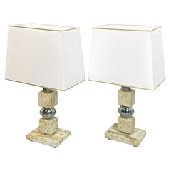 Italian Mid-Century Modern Pair of Steel and Travertine Table Lamps, 1970s