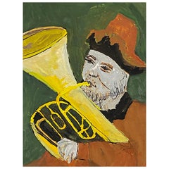 1950's French Modernist/ Cubist Painting, Man Playing Tuba