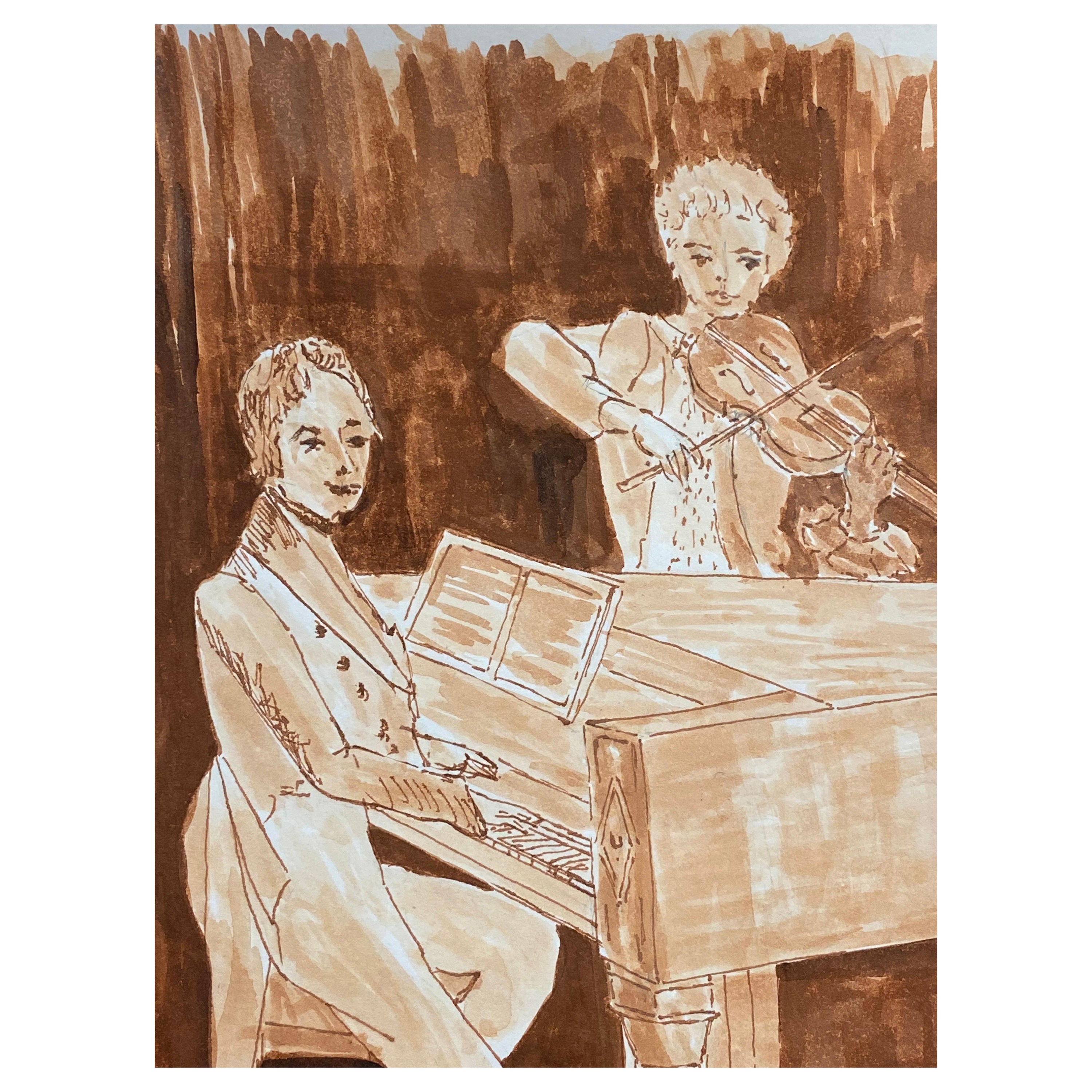 1950's French Modernist/ Cubist Painting Signed, Pianist & Violin Duet For Sale