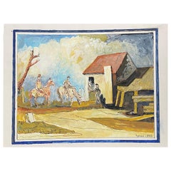 Peinture moderniste française des années 1950 signée, figures à cheval à cheval dans un village