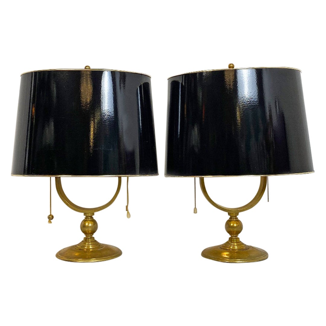 Italian Mid Century Pair of Brass and Glossy Black Lampshade Table Lamps, 1940s For Sale