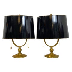 Italian Mid Century Pair of Brass and Glossy Black Lampshade Table Lamps, 1940s