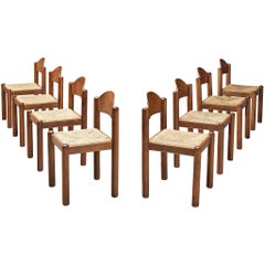 Italian Set of Eight Dining Chairs in Stained Wood and Straw 