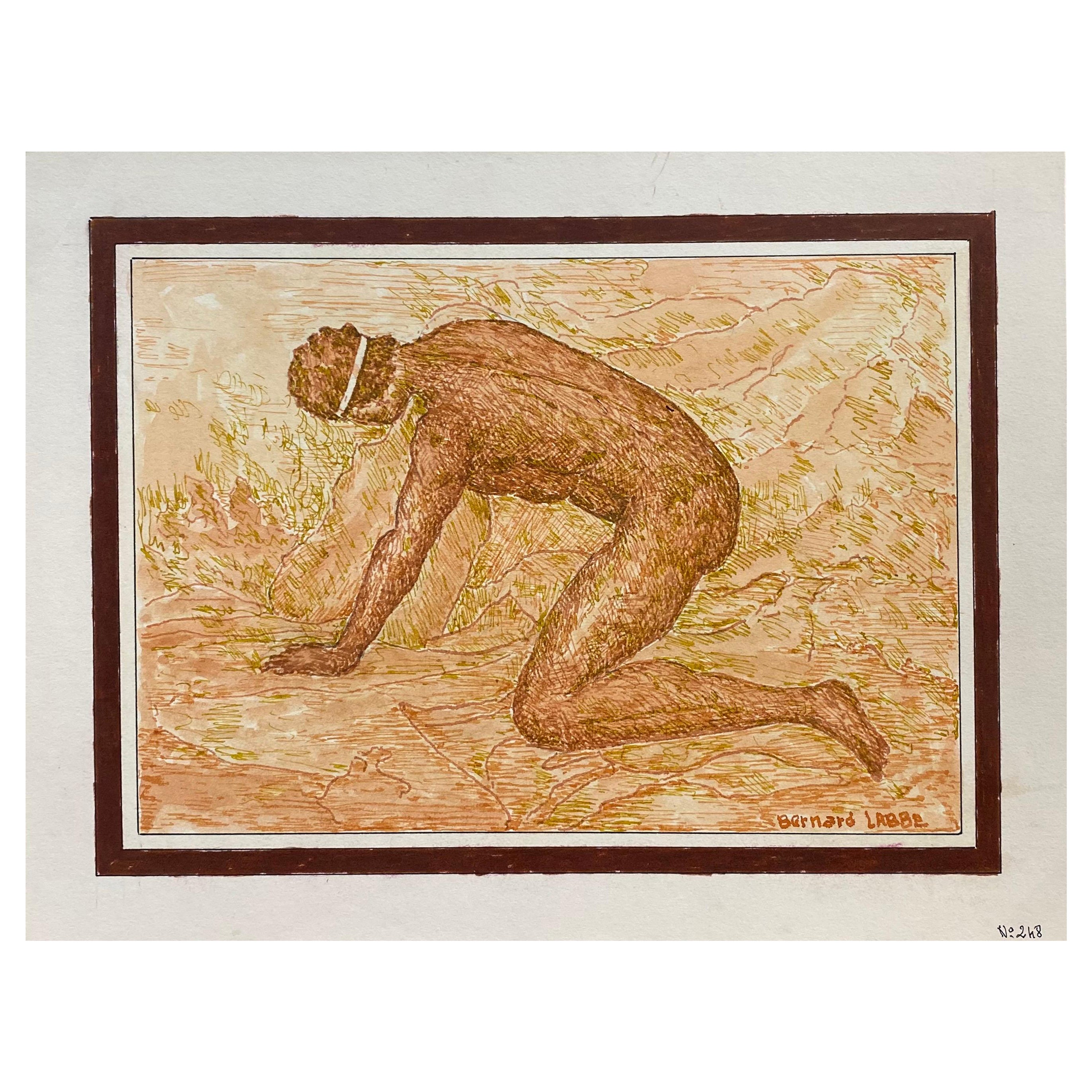 Peinture moderniste française des années 1950 signée, figure nue dans un paysage